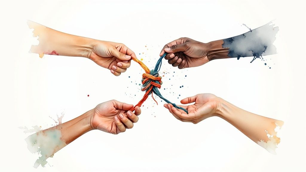 Four diverse hands hold colorful threads, intertwined into a knot, symbolizing unity and collaboration.