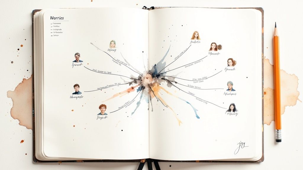 Open bullet journal displaying worries mind map with watercolor splash and character portraits radiating from center