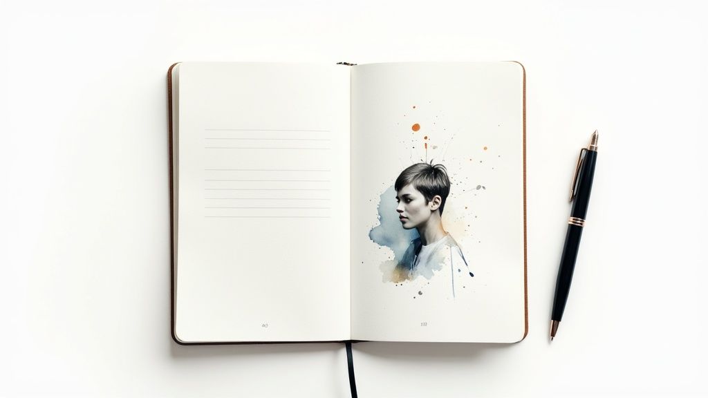Open notebook with a watercolor portrait of a woman and lined page, next to a pen.