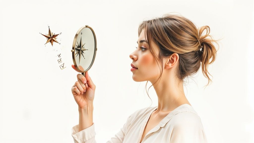 A woman gazes into a compass, symbolizing self-reflection, purpose, and navigating life's direction towards goals.