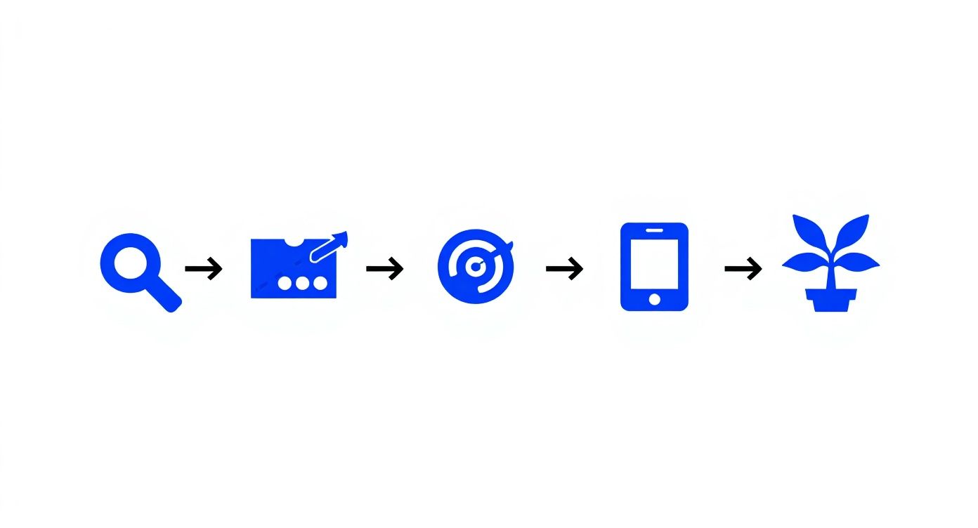 Five blue icons showing process flow from search to planning, targeting, mobile device, and plant growth