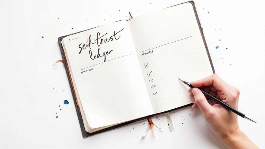 A hand writes in a notebook titled 'self-trust ledger' with checkboxes for promises.