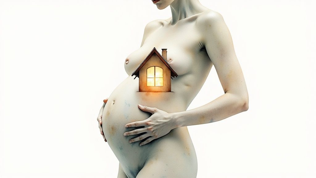 Pregnant woman with illuminated house on belly symbolizing nurturing home and self care