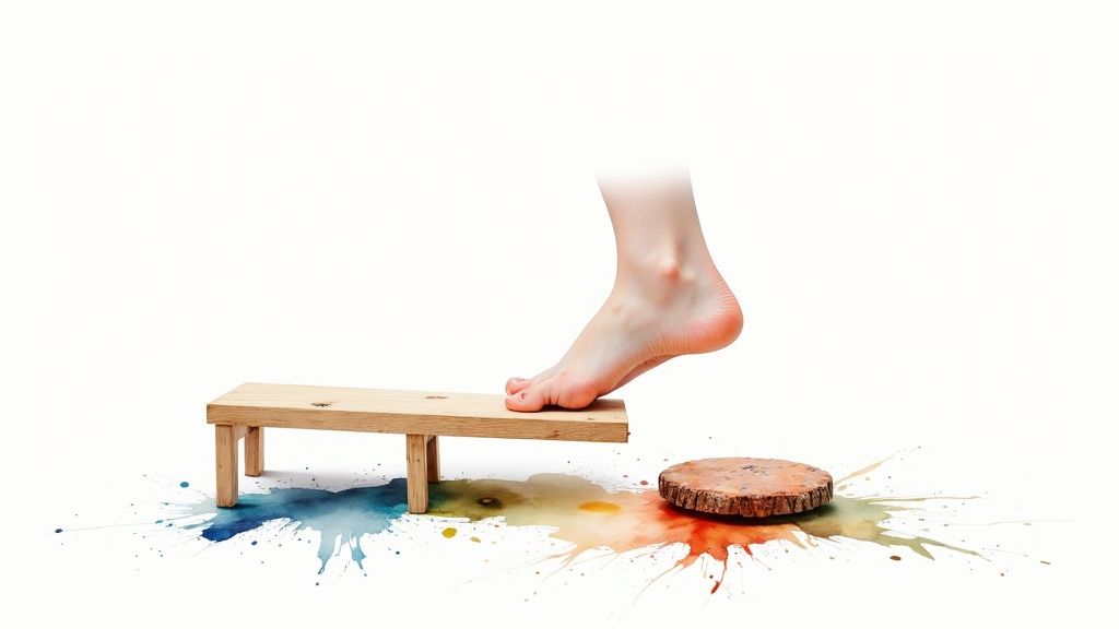 A bare foot steps onto a wooden plank over colorful watercolor splashes, symbolizing a journey.