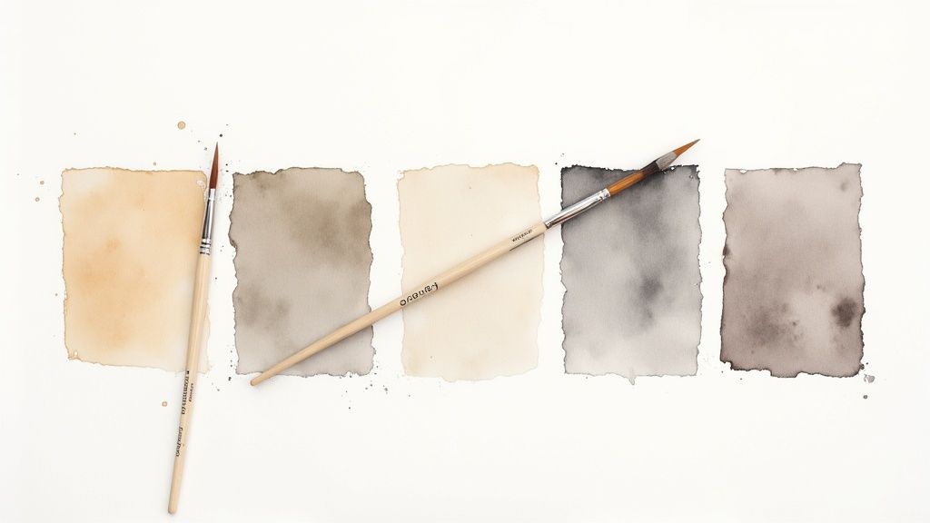 An open art journal showcasing a color palette exploration with abstract shapes and swatches.