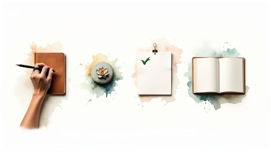 Hand writing in brown leather journal with lotus flower decoration and open notebooks on white background