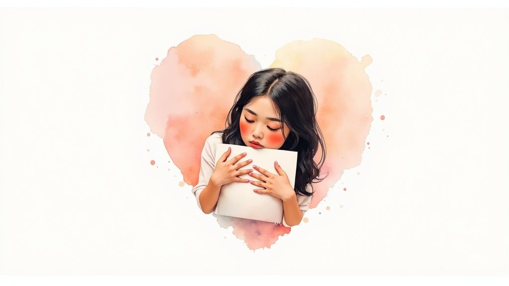 A watercolor painting of a young woman tenderly holding a book, nestled within a peach heart.