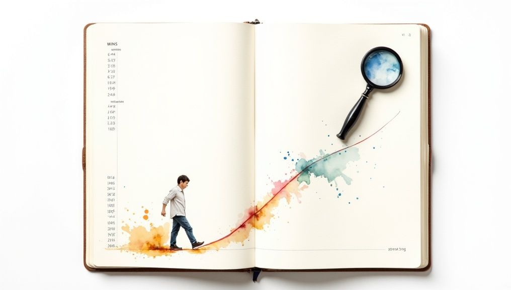 A person reviewing their journal, highlighting sections to track their personal growth.