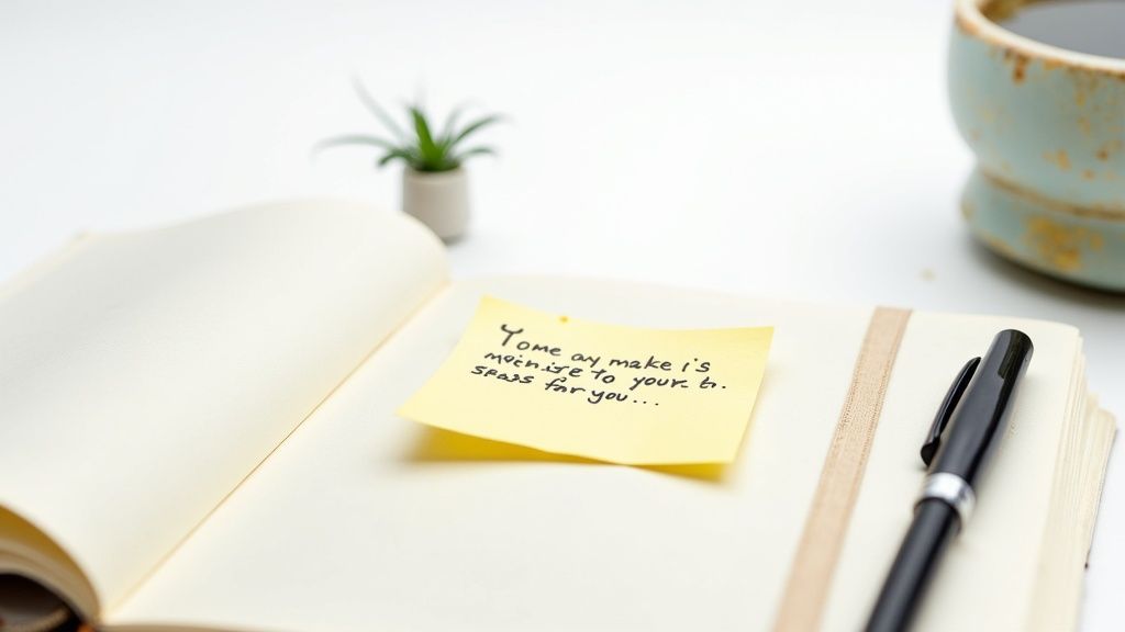 A person writing in a journal with a cup of coffee nearby.
