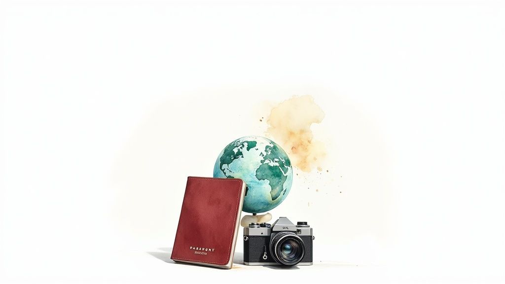 A red passport, a globe, and a vintage camera on a white background with watercolor splatters.