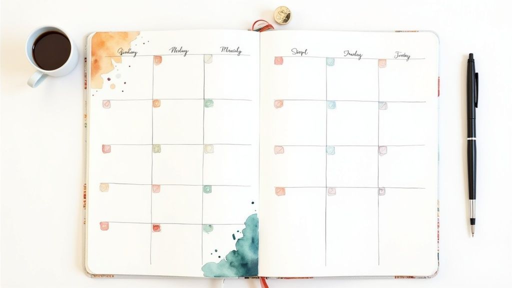 Open bullet journal planner with weekly spread layout, coffee cup, and pen on white desk