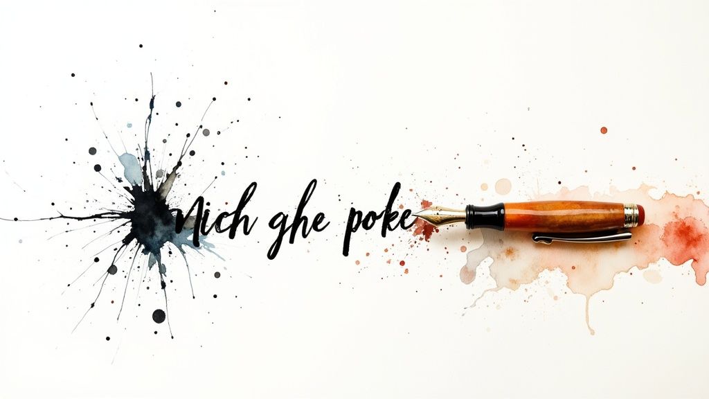 A fountain pen with a dark ink splatter and red watercolor wash, featuring script text.