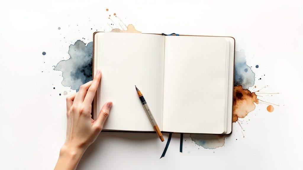 A blank notebook with a pen and a hand turning a page, artistic watercolor background.