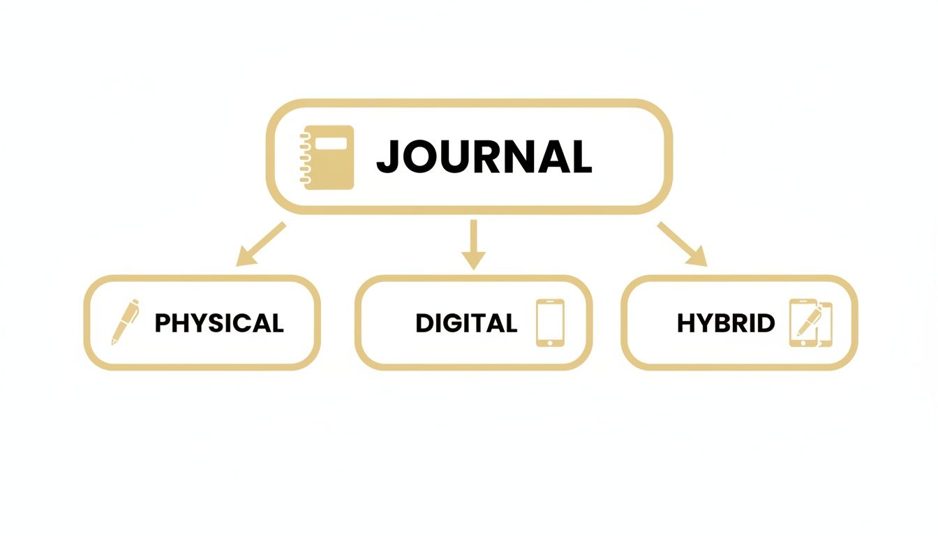 A diagram illustrates journal types, branching from 'Journal' to 'Physical' (with a pen), 'Digital' (with a smartphone), and 'Hybrid' (with both a pen and smartphone).