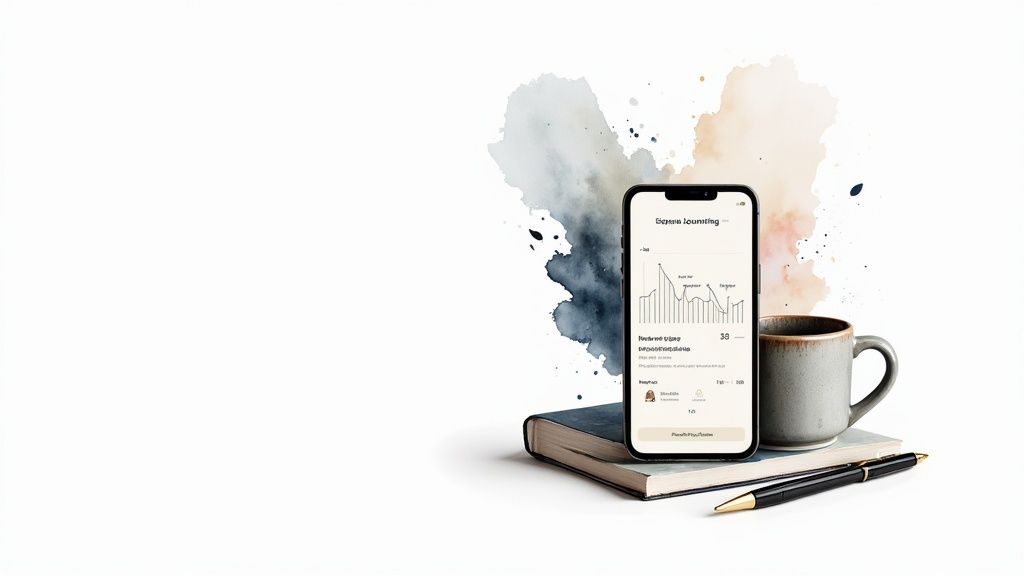 A smartphone displaying a graph rests on a book, beside a coffee mug and pen, with watercolor splashes.