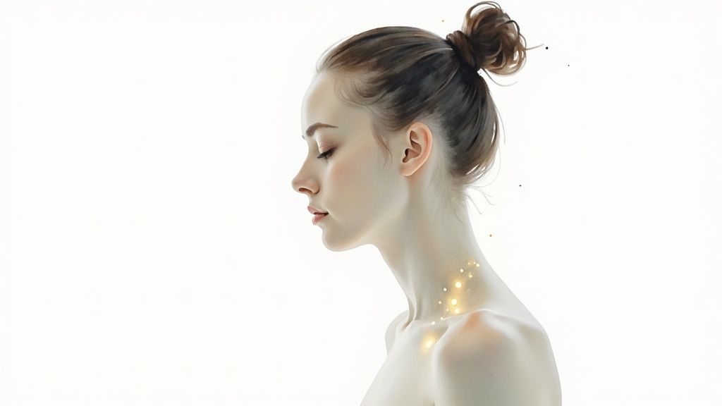 A young woman in profile with a bun, eyes closed, and glowing skin on her neck and shoulder.