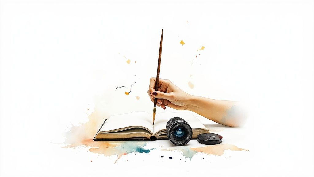 A hand paints in an open book, a camera lens and watercolor splatters nearby on white.