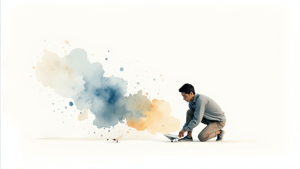 A young man crouches, folding a paper airplane with artistic watercolor splashes in the background.