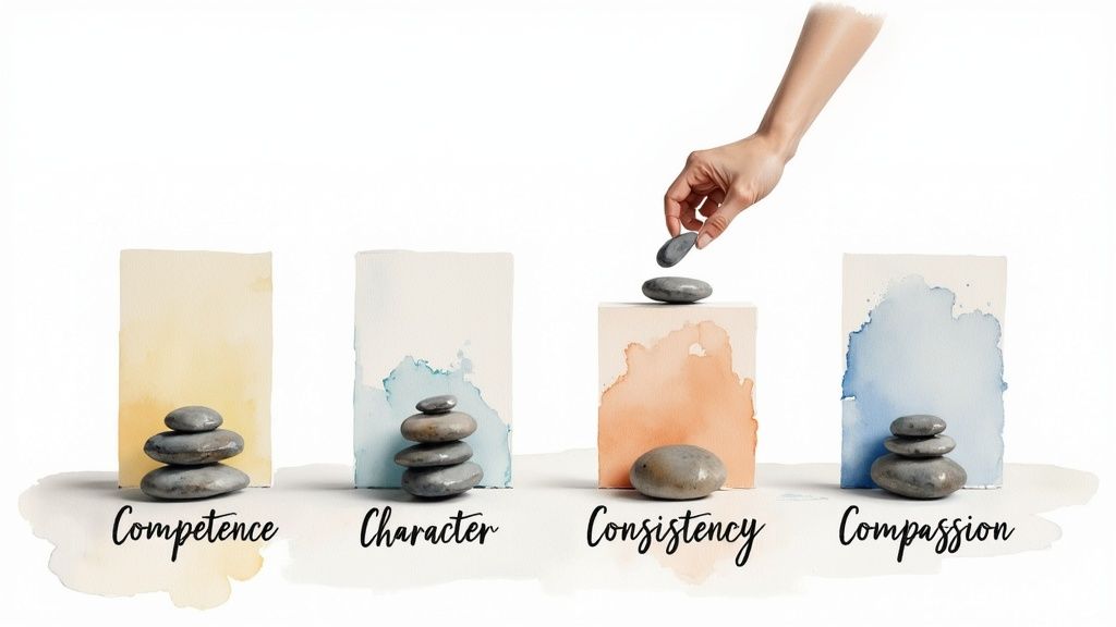 A hand stacks balance stones on cards labeled competence, character, consistency, and compassion.
