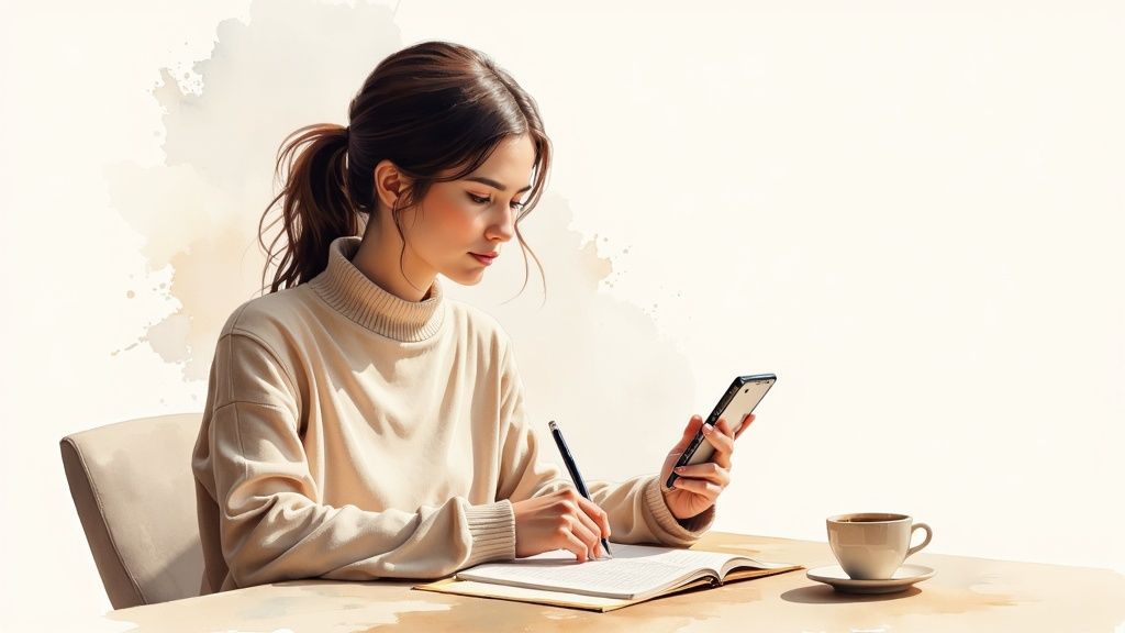 Woman using smartphone and writing in journal at desk for personal development and productivity