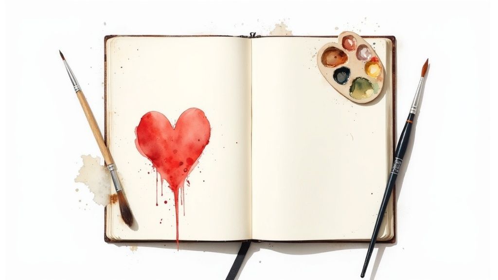 Open journal with watercolor heart painting, paintbrushes and palette on white background