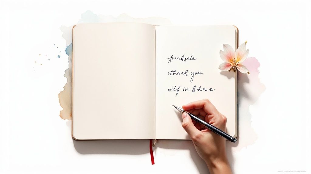 Hand writing gratitude journal entries in open notebook with pen and flower decoration