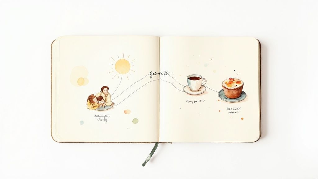 A person's hands holding an open art journal with colorful gratitude doodles and text.