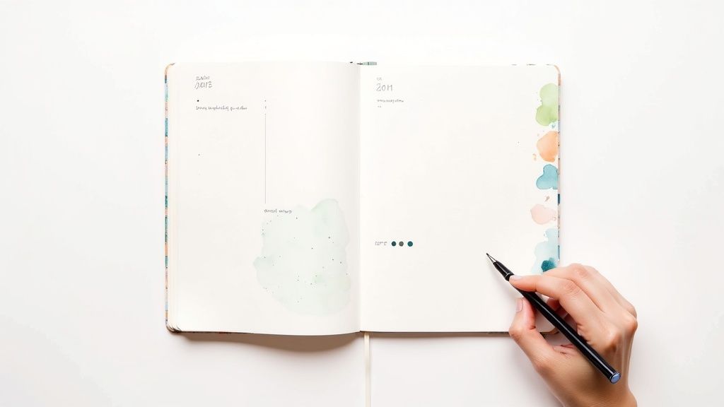 A person's hand holding a pen over an open journal with watercolor details and dates.