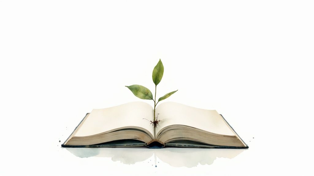 A vibrant green sprout emerges from the binding of an open book on a clean white background.
