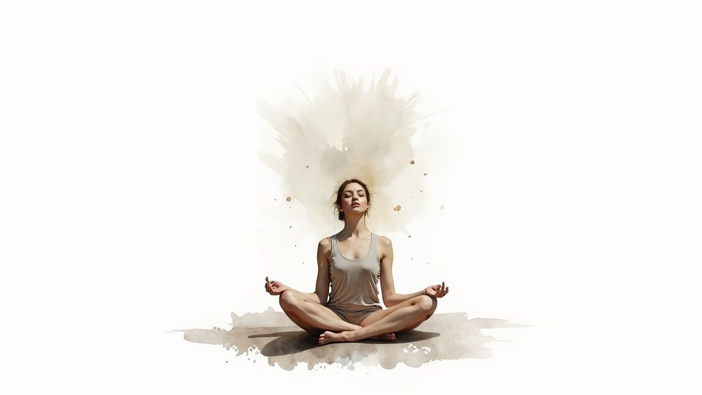A serene woman meditates in a lotus pose, surrounded by a subtle watercolor splash.