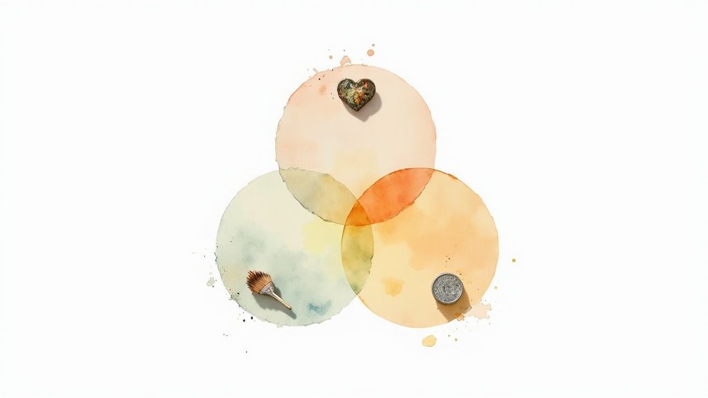 A watercolor Venn diagram with a heart, paintbrush, and coin representing life purpose elements.