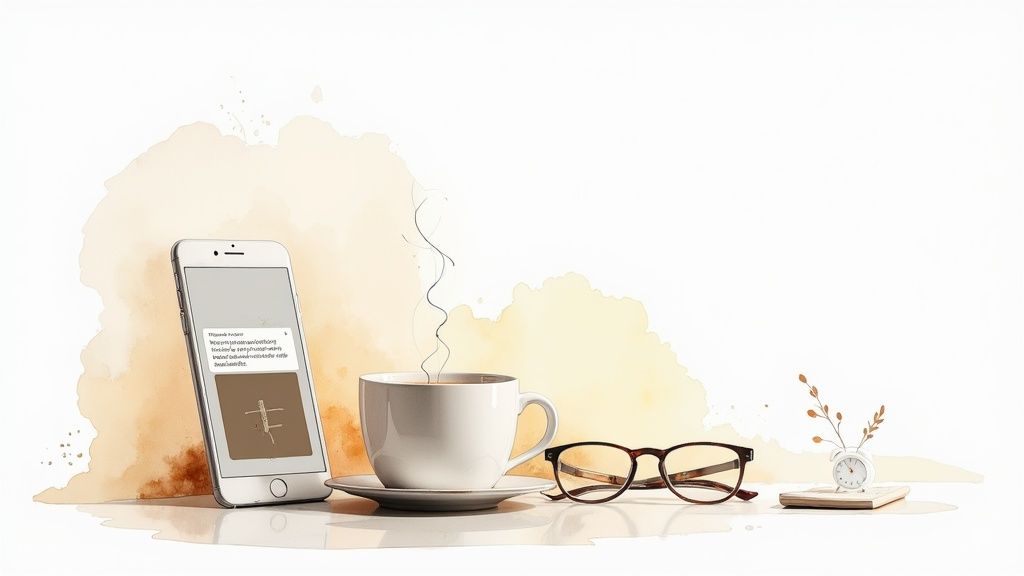 Smartphone displaying personal growth app next to coffee cup and reading glasses on desk