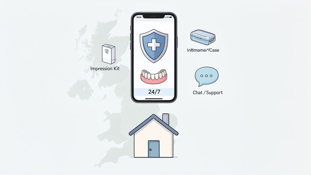 A graphic showing a clear aligner home service in the UK with a smartphone app, impression kit, case, and support.