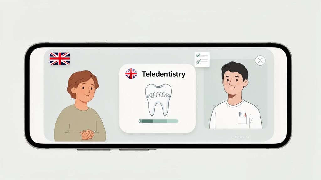Smartphone displaying a UK teledentistry app with cartoon characters, a tooth icon, and a progress bar.