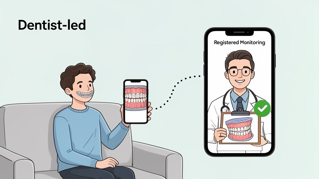 Illustration of a patient remotely consulting with a dentist about their dental aligners via smartphone.