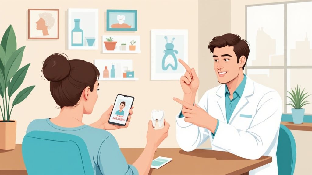 Patient consults dentist, holding a phone with a doctor's profile and a tooth model.