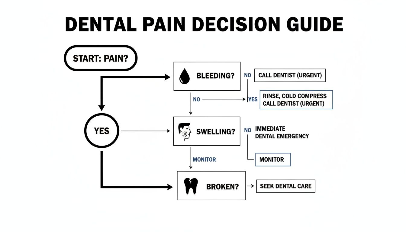 Flowchart guiding users through dental pain, bleeding, swelling, or broken tooth symptoms and actions.