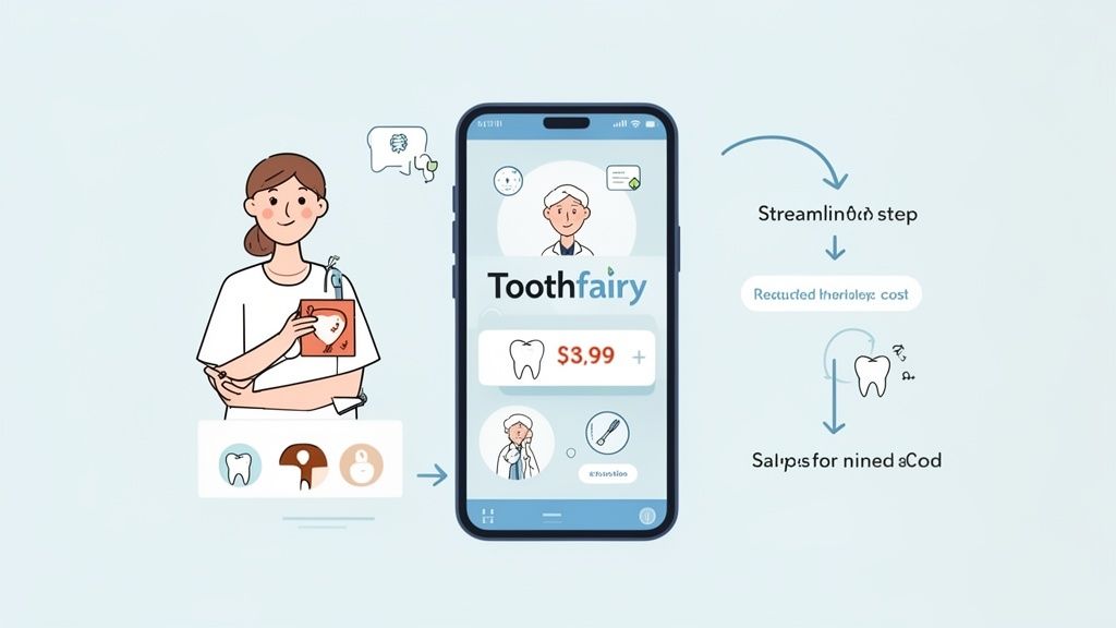 An animated woman interacts with a 'Toothfairy' dental app on a smartphone, illustrating streamlined dental care and cost savings.