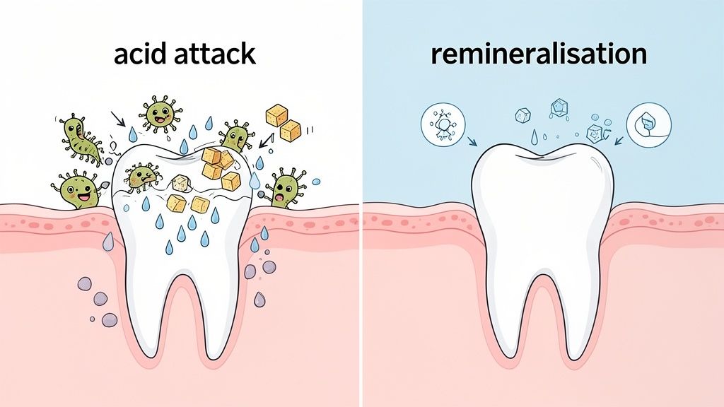 Illustration showing tooth demineralization by acid attack from bacteria and sugar, contrasted with tooth remineralization.