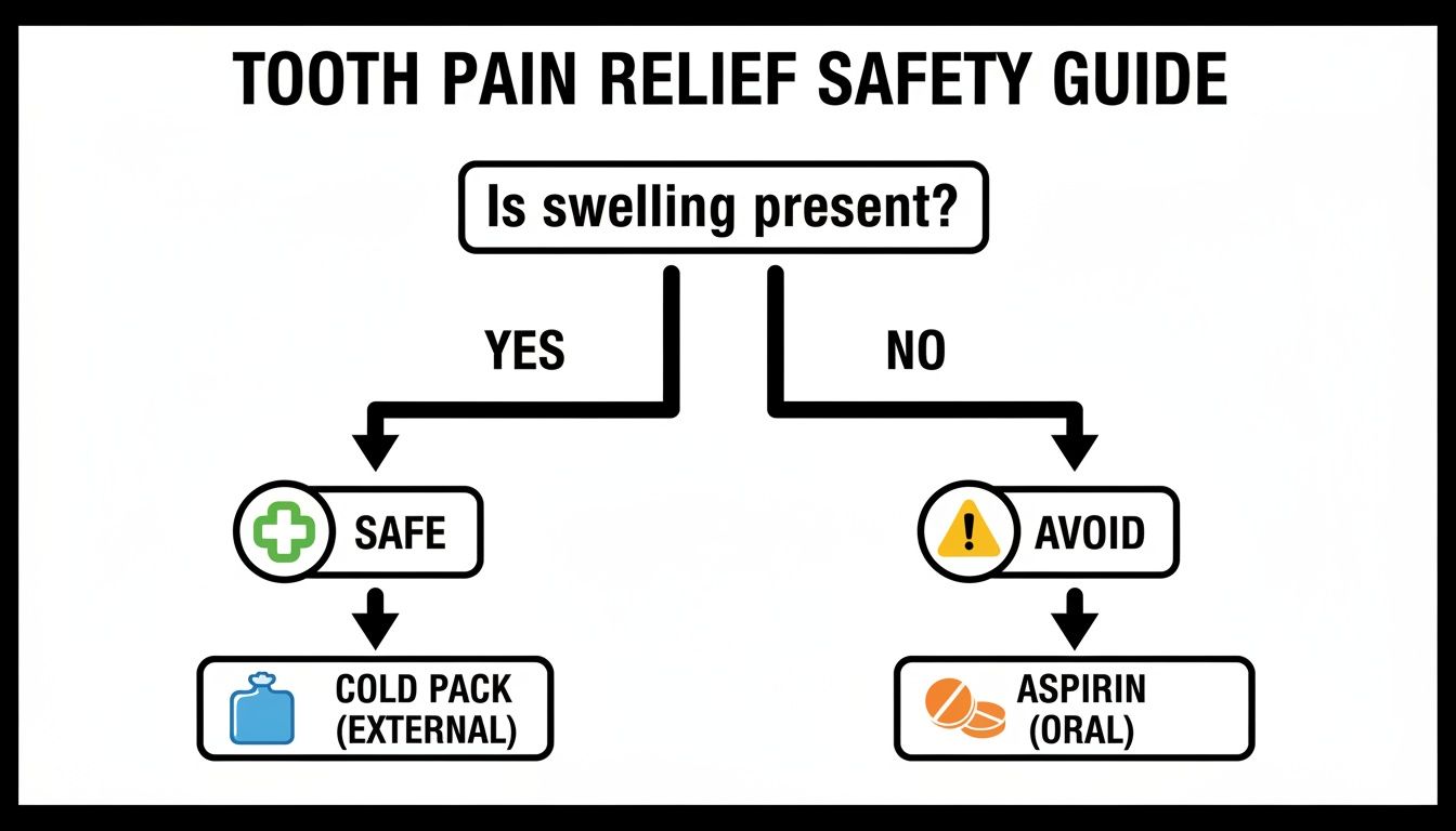A tooth pain relief safety guide flowchart. If swelling is present, use a cold pack externally. If not, avoid oral aspirin.