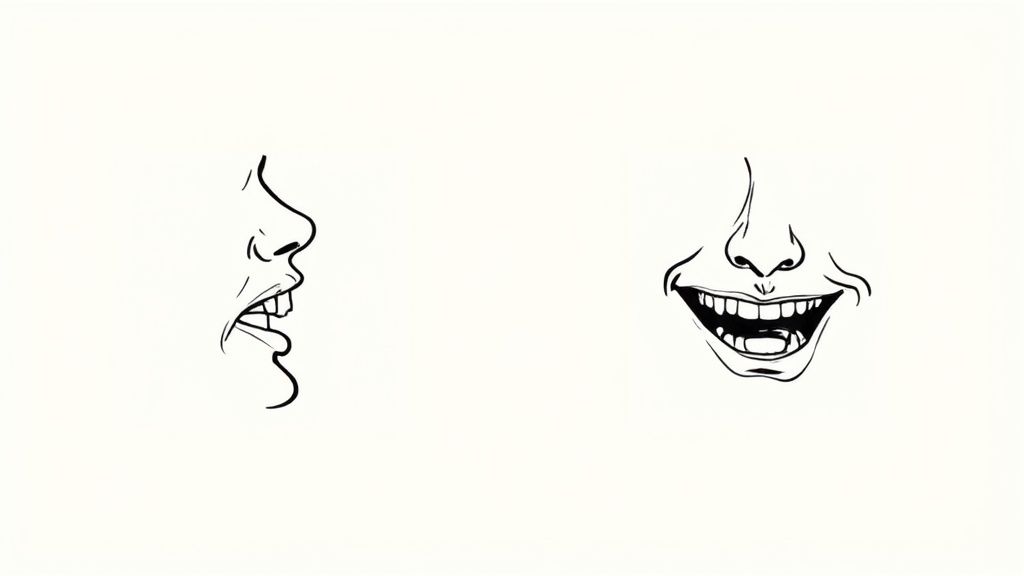 A close-up of a person's smile, showing straight teeth and a well-defined jawline.