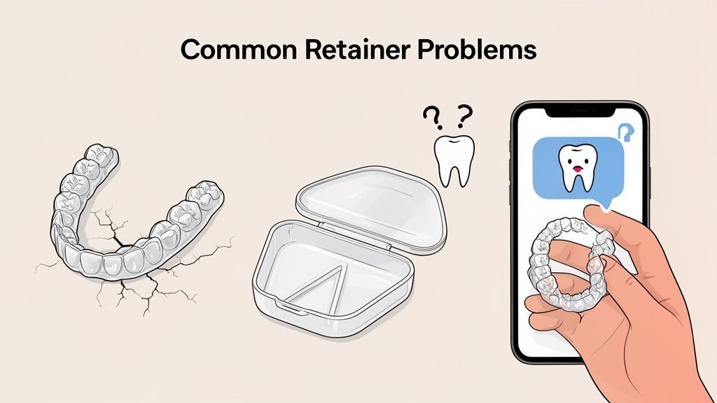 Illustrations showing common clear retainer problems: a cracked retainer, lost retainer, and retainer care advice.