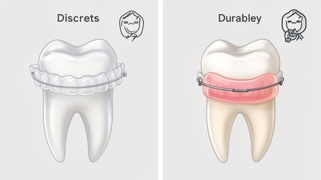 Comparison of two dental retainers: a clear, discreet orthodontic retainer and a pink, durable one.