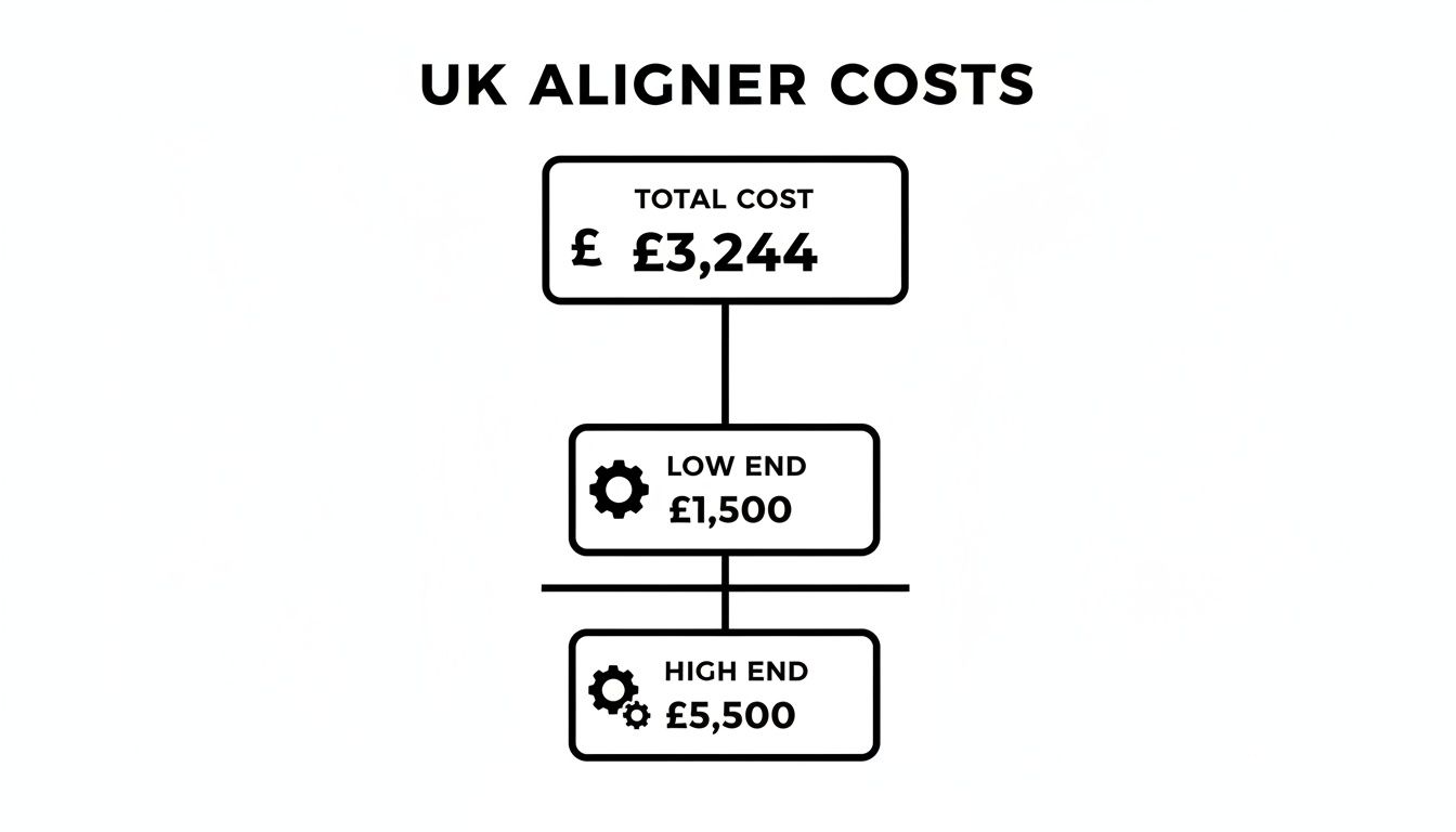 UK aligner costs diagram showing total, low, and high-end prices: £3,244, £1,500, and £5,500.