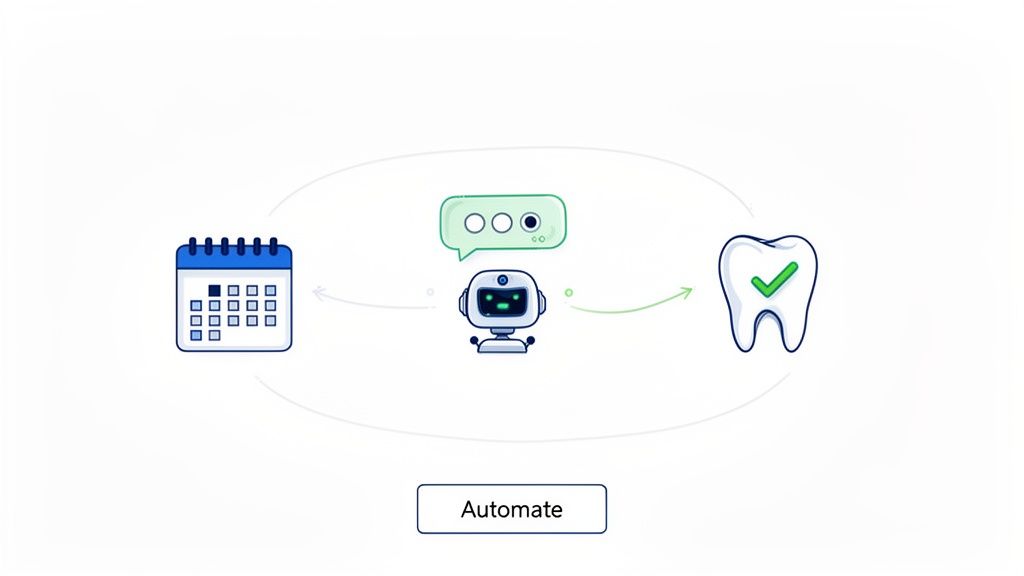 A chatbot streamlines dental appointment scheduling, connecting a calendar and a healthy tooth with automation.