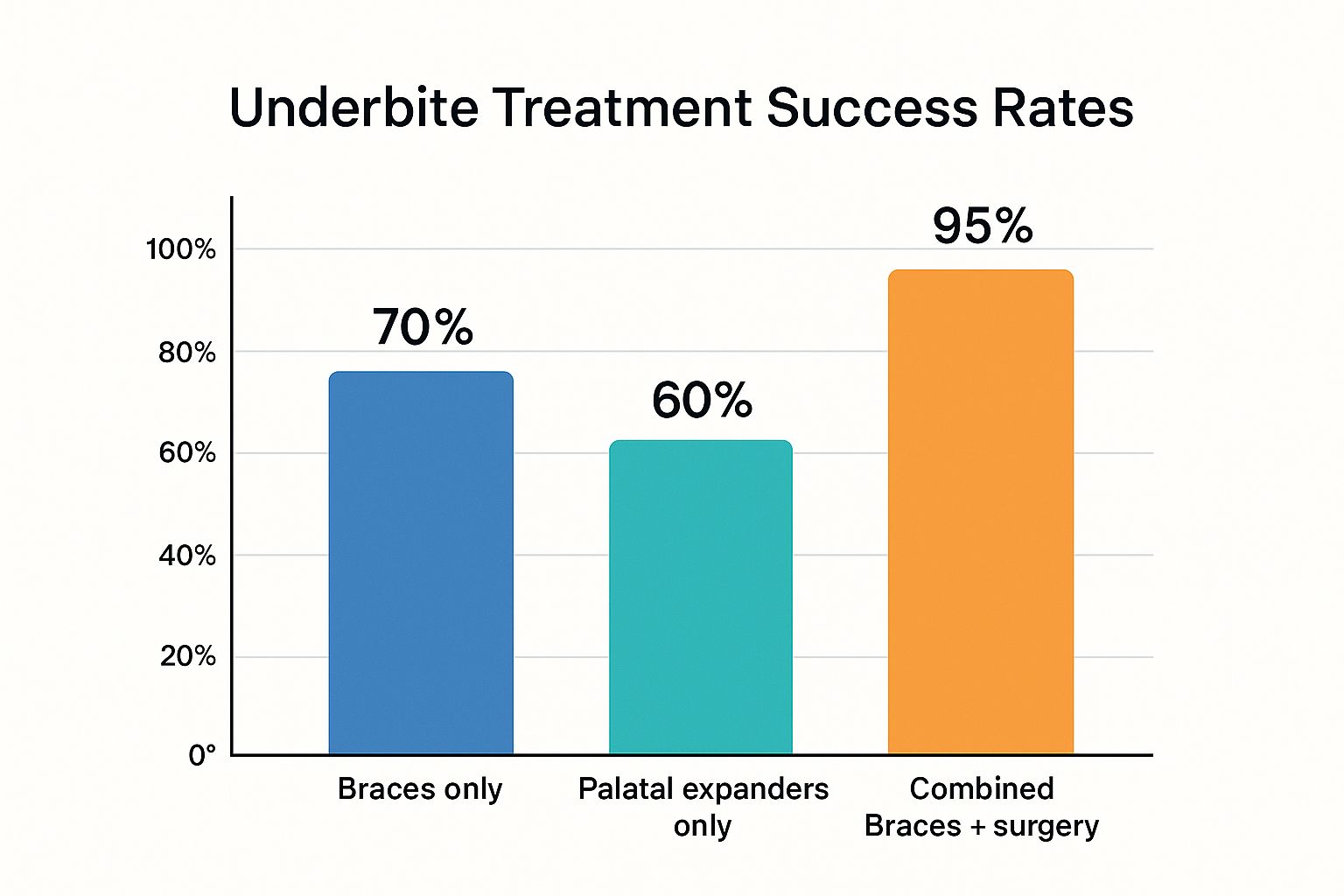 Infographic comparing underbite treatment success rates for braces, palatal expanders, and combined braces with surgery.