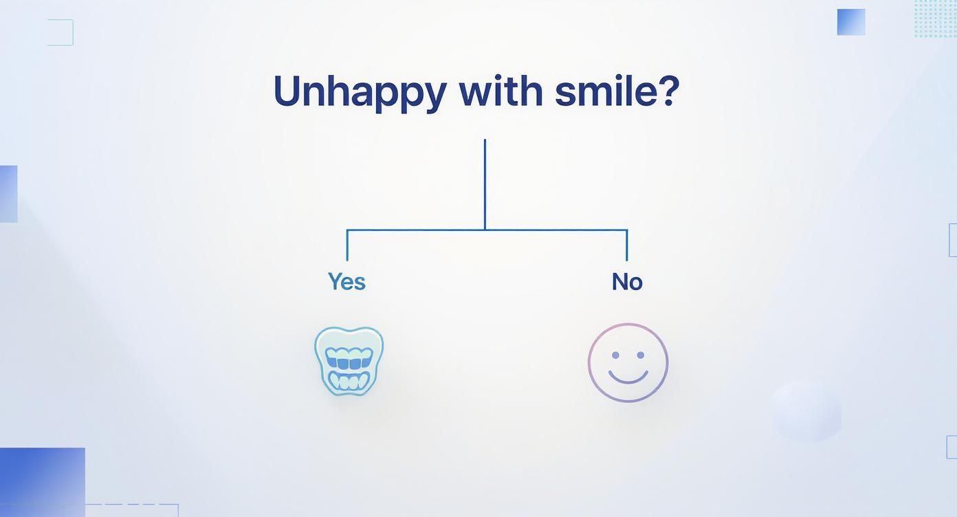 Dental satisfaction survey asking if unhappy with smile, showing yes with teeth icon and no with smiley face