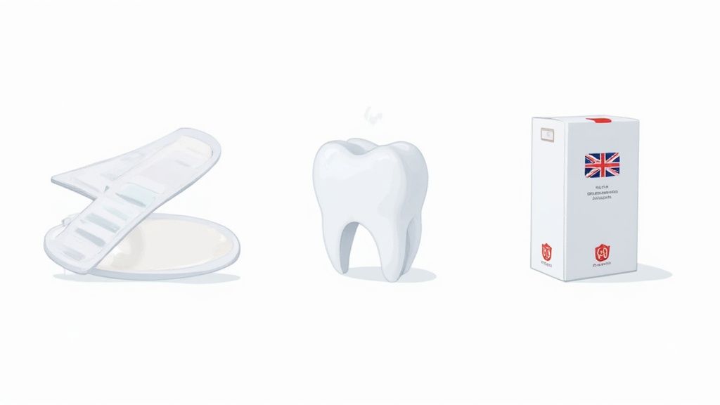 A person smiling, showing white teeth, with a teeth whitening kit in the background.