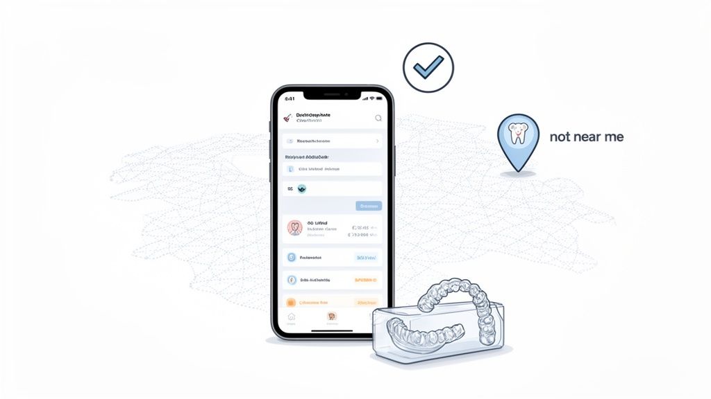 A smartphone displaying a dental app with clear aligners, indicating nearby dental services.