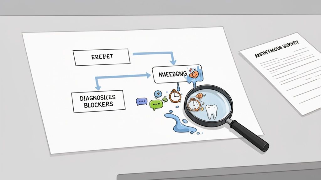 A diagram with 'DIAGNOSES BLOCKERS' points to a 'MEEDGNG' box, with analysis tools and an anonymous survey.